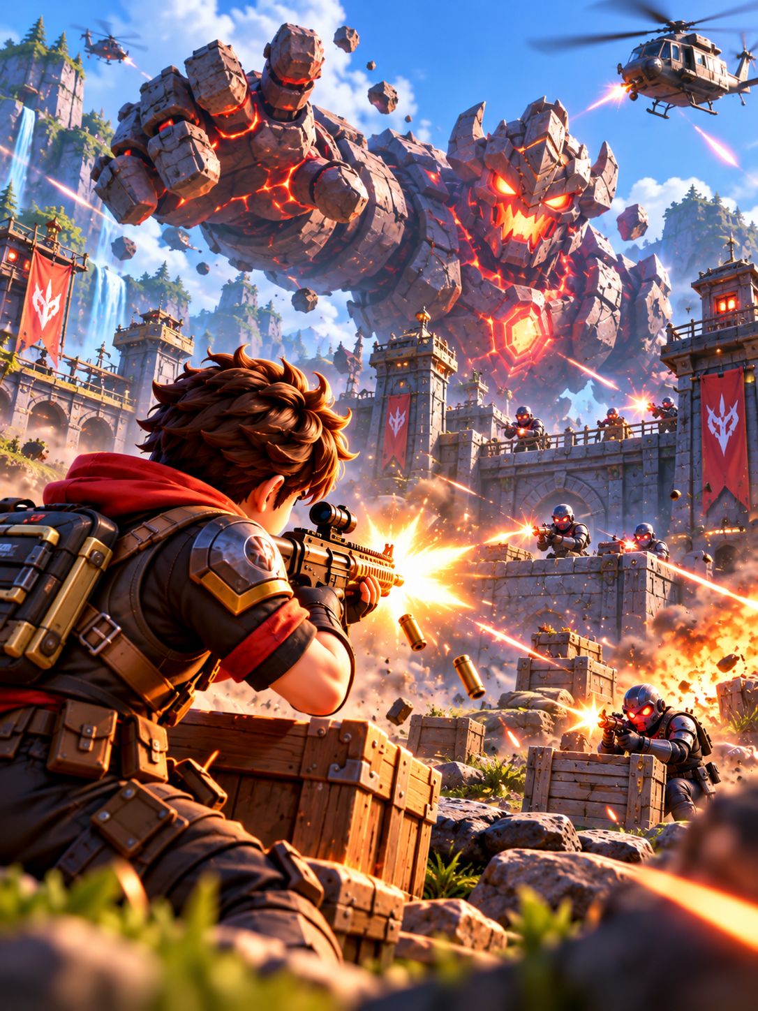 A soldier fires from cover at a giant stone golem attacking a fortress
