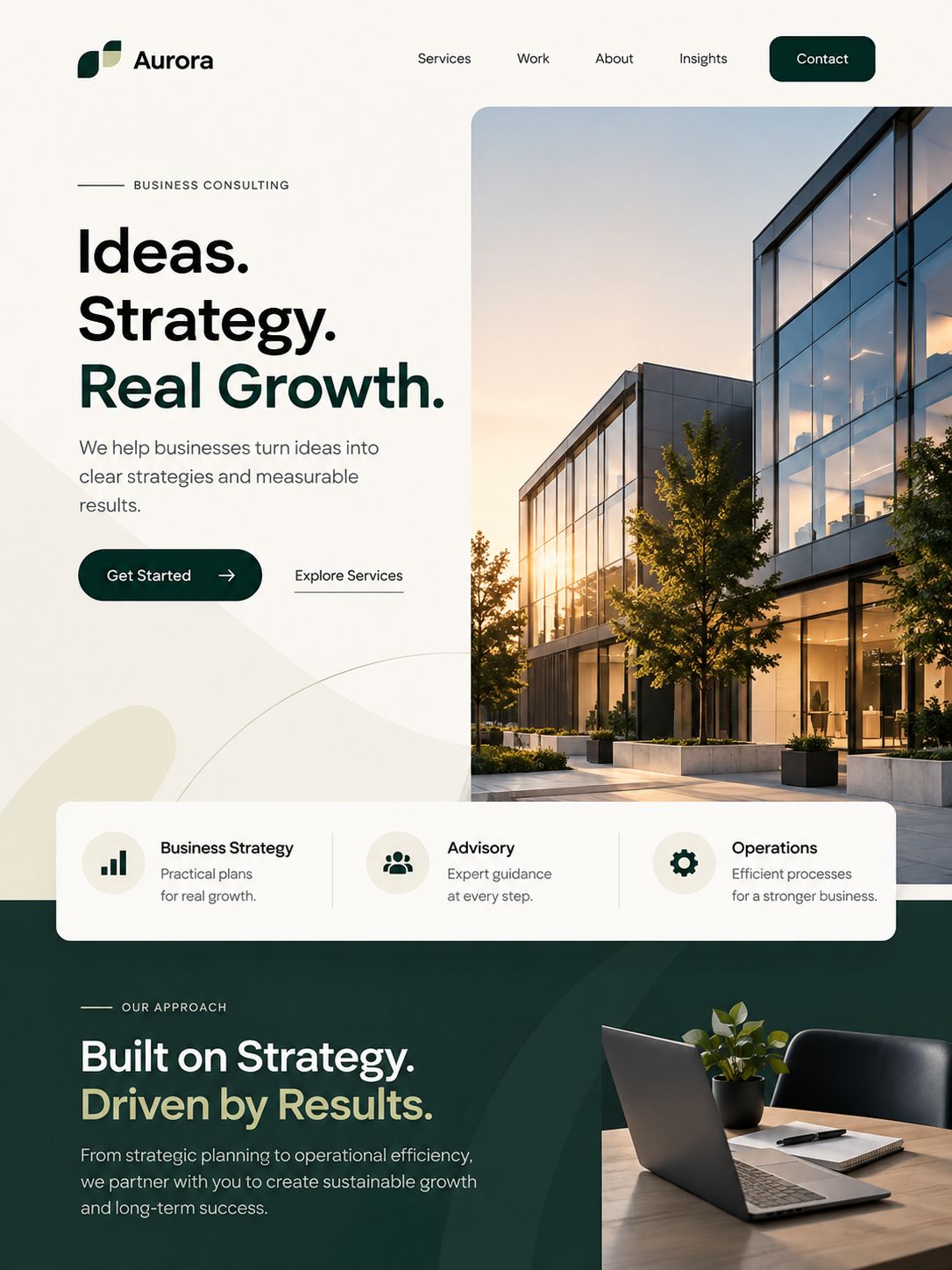A business consulting website design with a hero section, services and a modern office photo