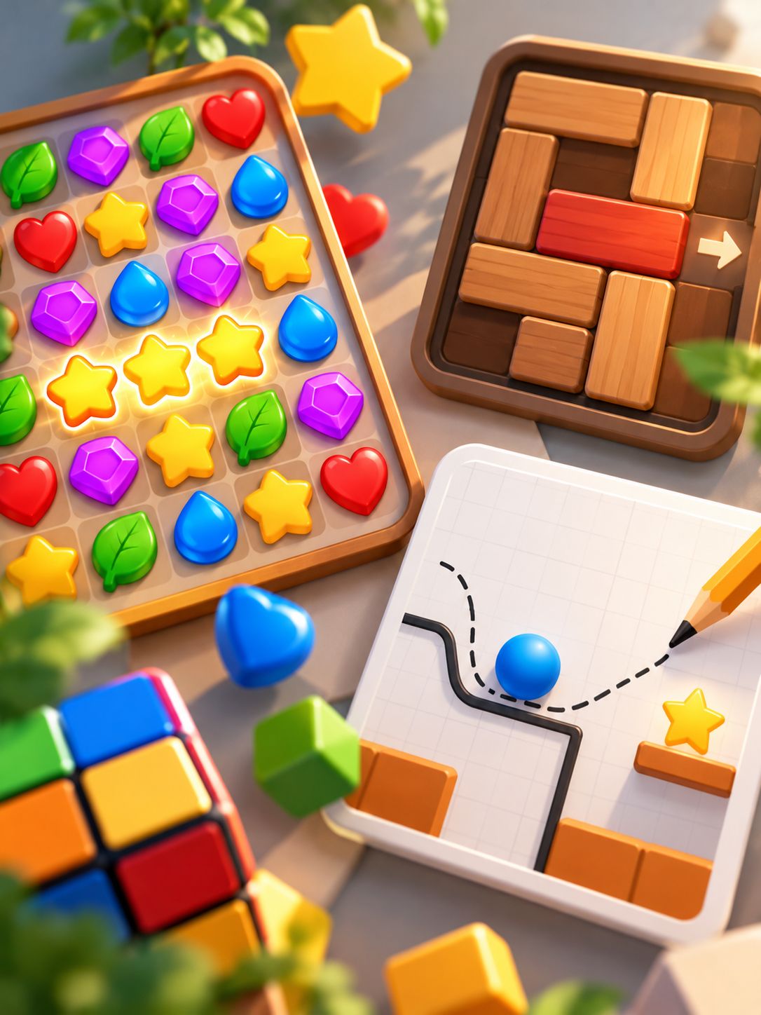 Colourful puzzle games: a match-three board, a sliding block puzzle and a draw-the-path level