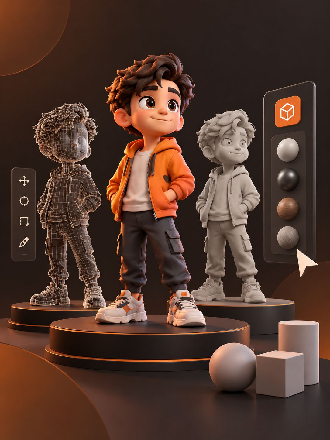 A stylised 3D character shown as a wireframe, a clay sculpt and the final textured model
