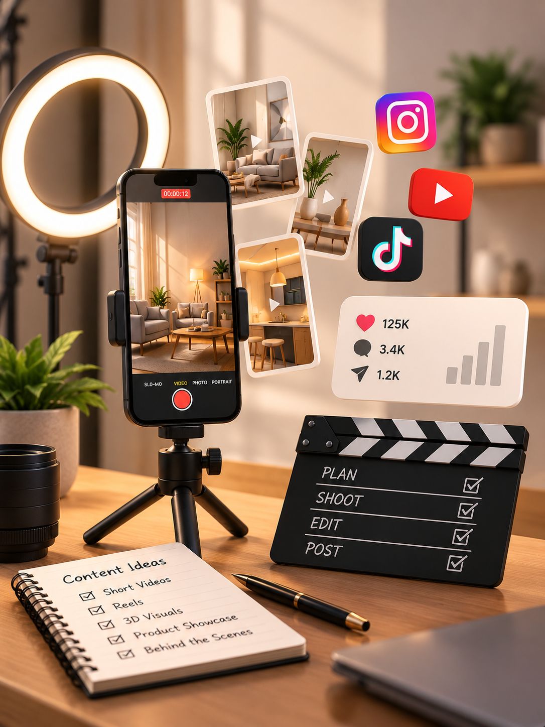 A content creation desk with a ring light, a phone filming a reel and a plan, shoot, edit, post checklist
