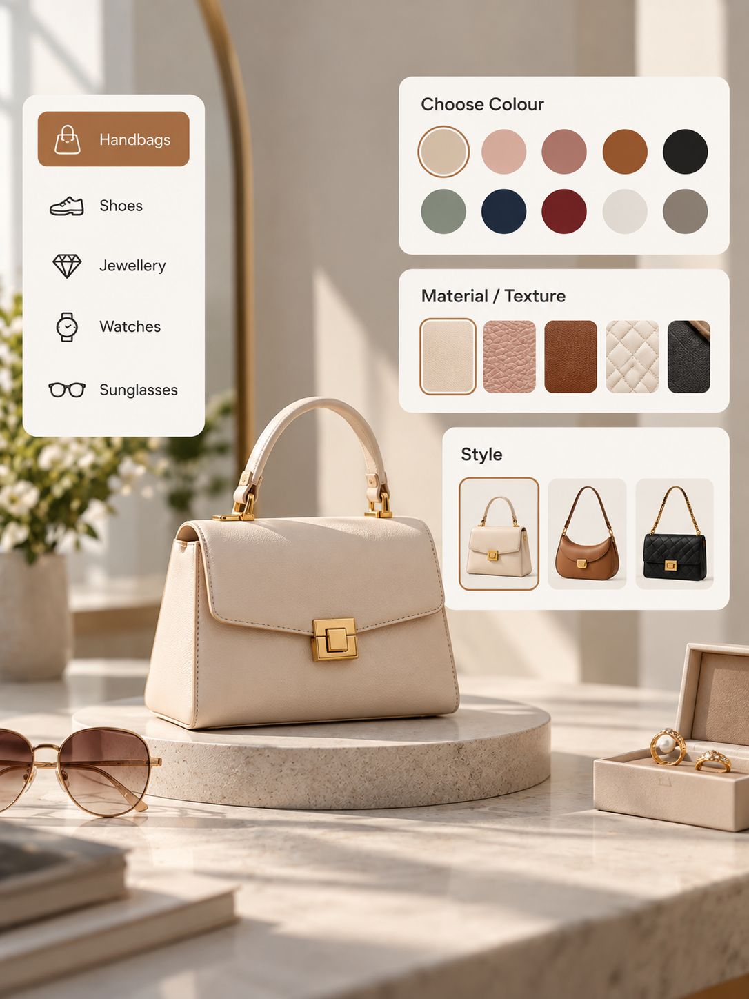 A 3D fashion configurator showing a handbag with colour, material and style options