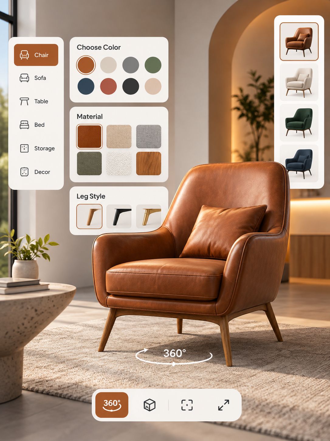 A 3D armchair configurator with colour, material and leg style options and a 360-degree view