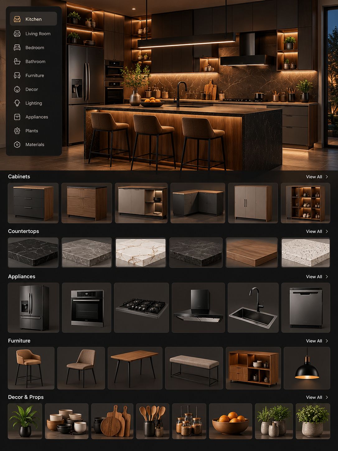 A dark, warmly lit 3D kitchen with a library of modelled cabinets, countertops, appliances and furniture