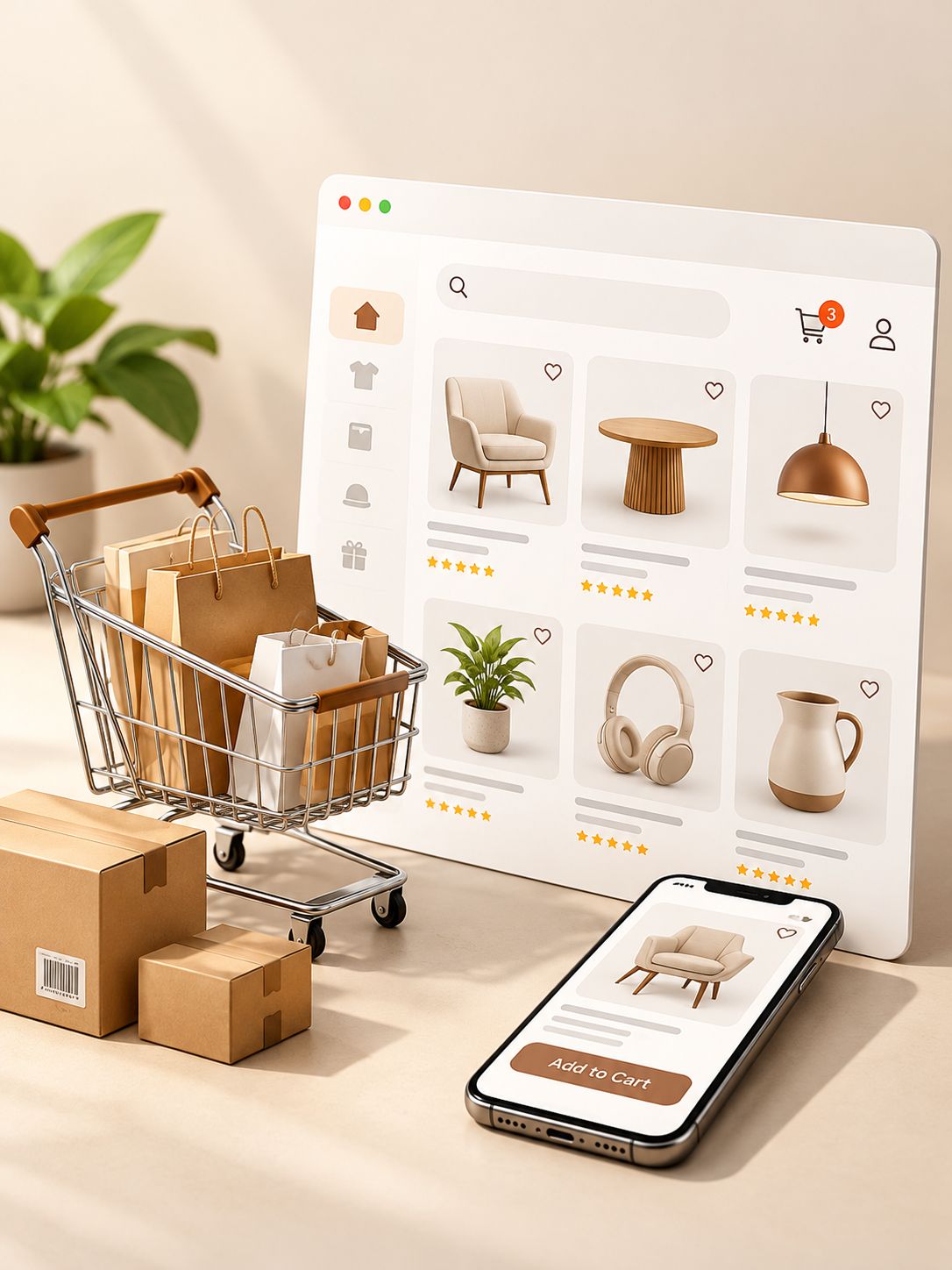 An online store on a laptop and phone, with a shopping cart and delivery boxes