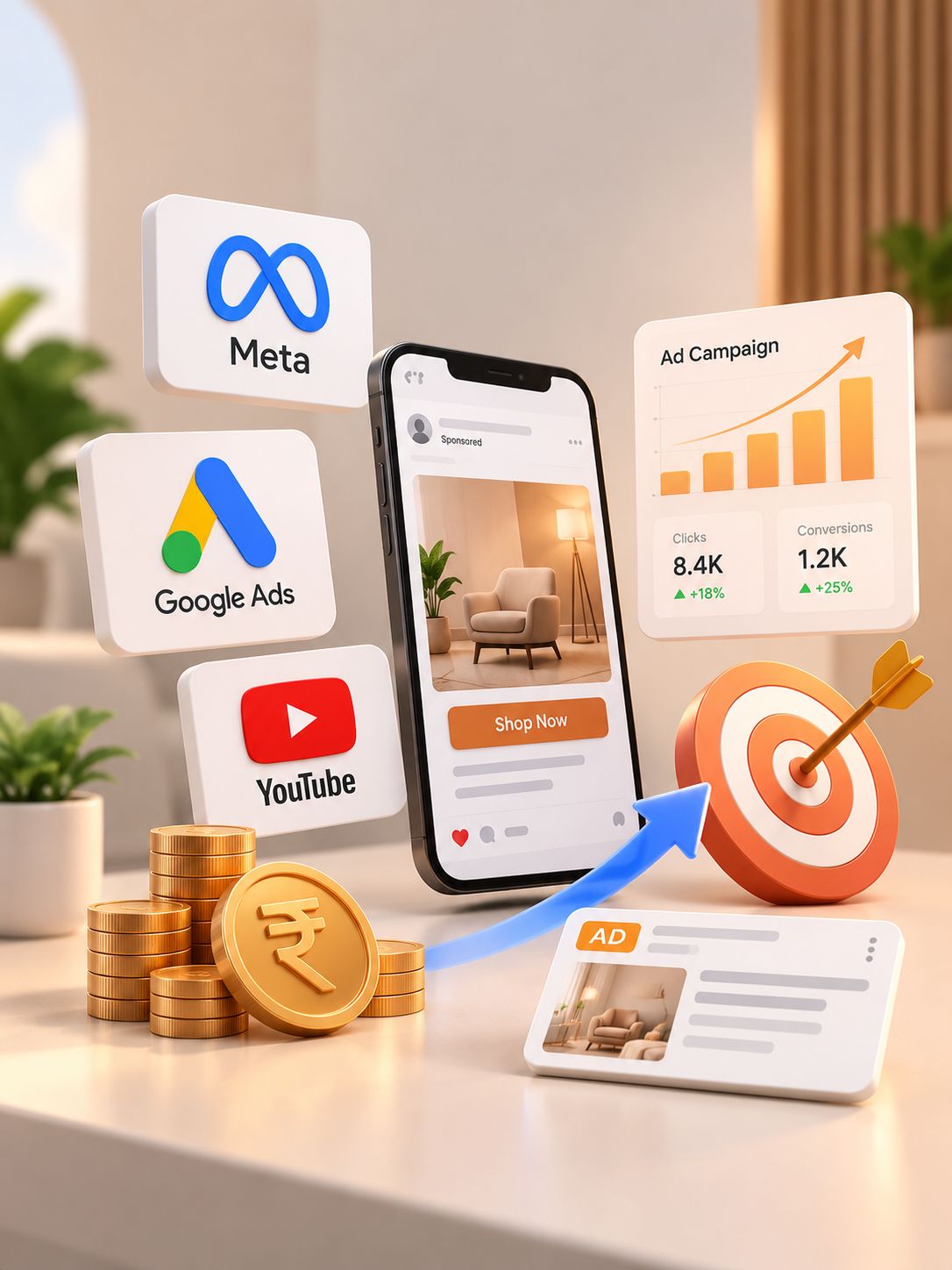 An ad campaign on a phone with Meta, Google Ads and YouTube icons, rising results and a target