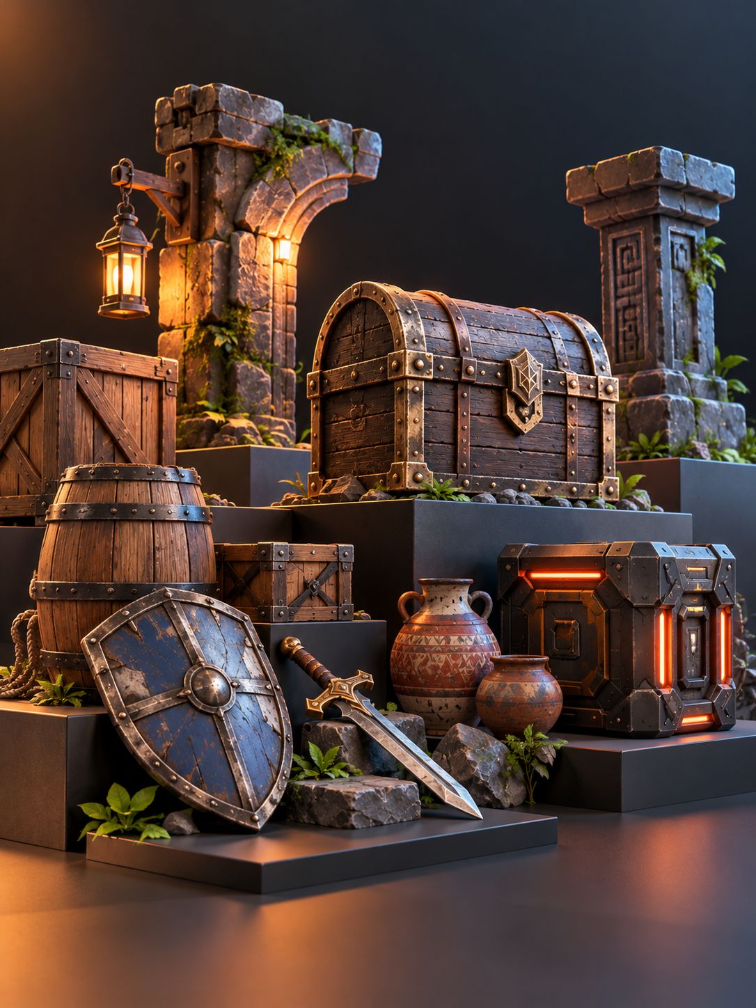 A collection of 3D game props: a treasure chest, shield, sword, barrels, pots and stone ruins