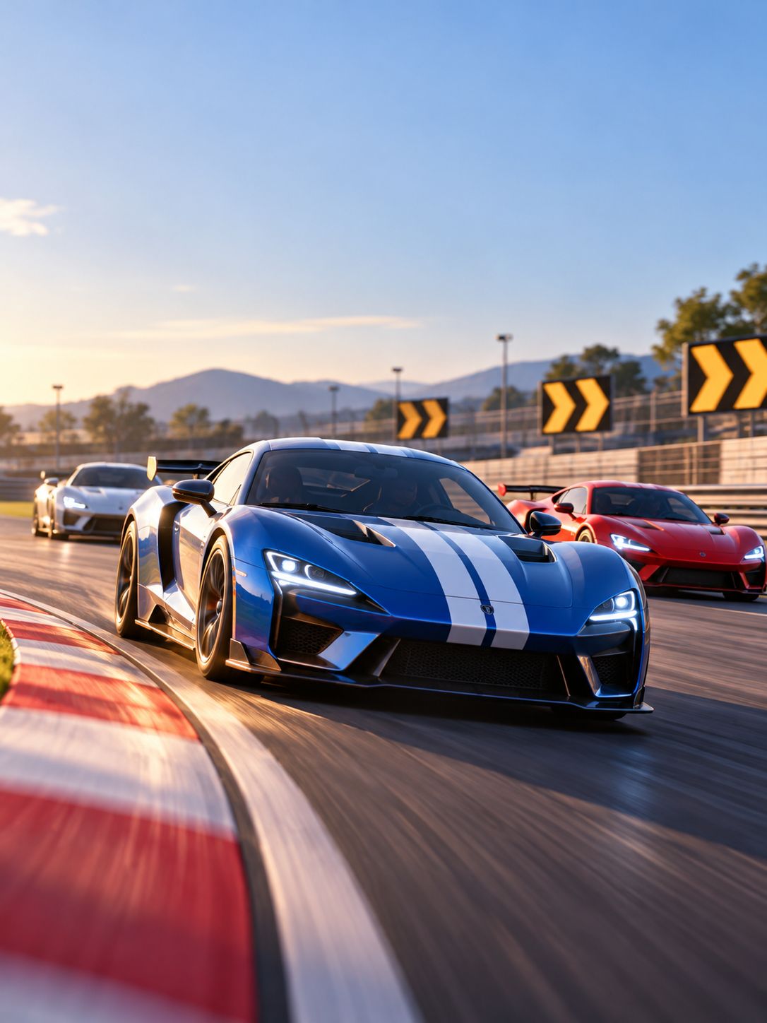 A blue supercar leads a pack of race cars around a track at sunset