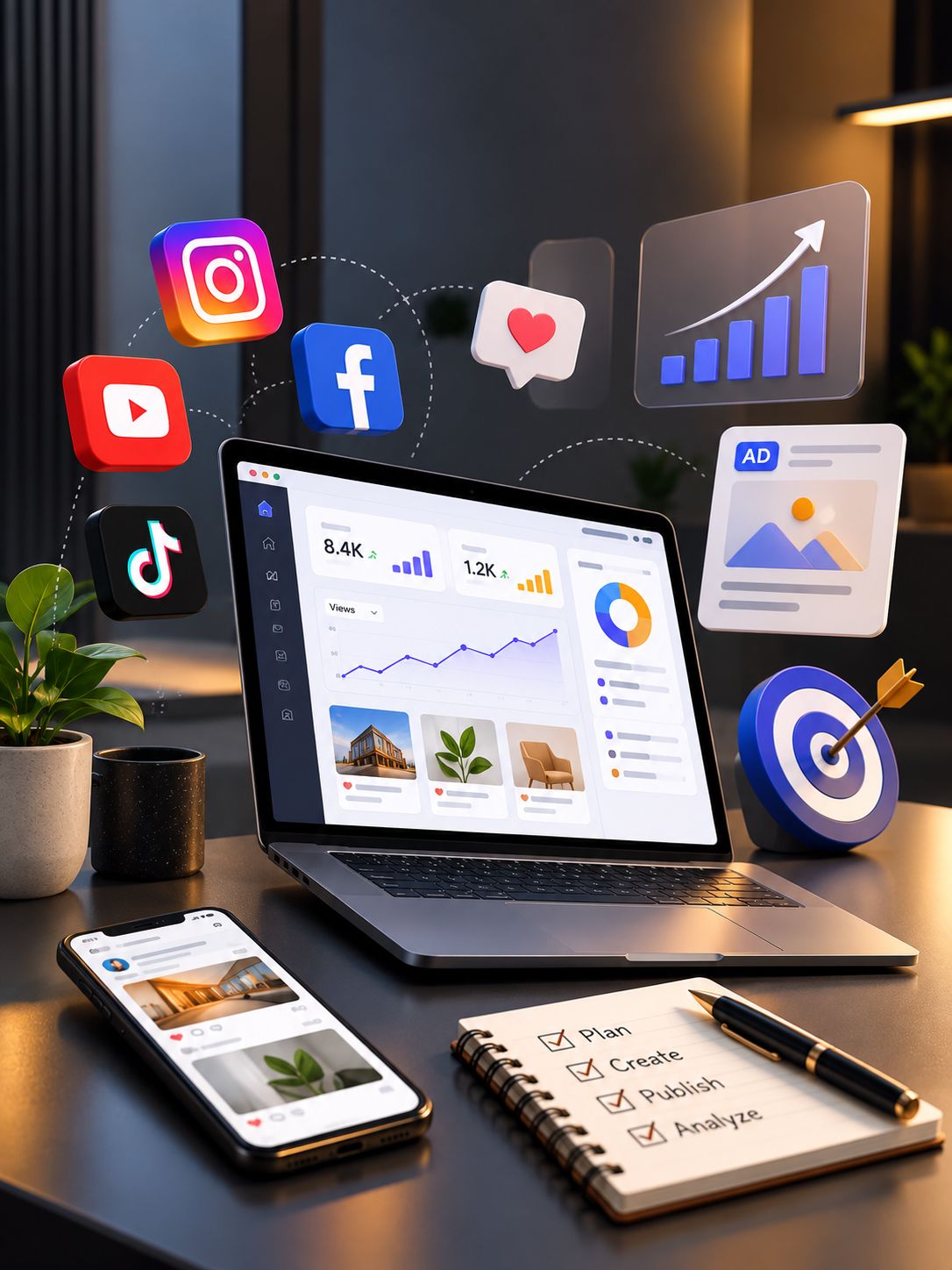 A social media dashboard on a laptop with Instagram, Facebook, YouTube and TikTok icons and a posting plan