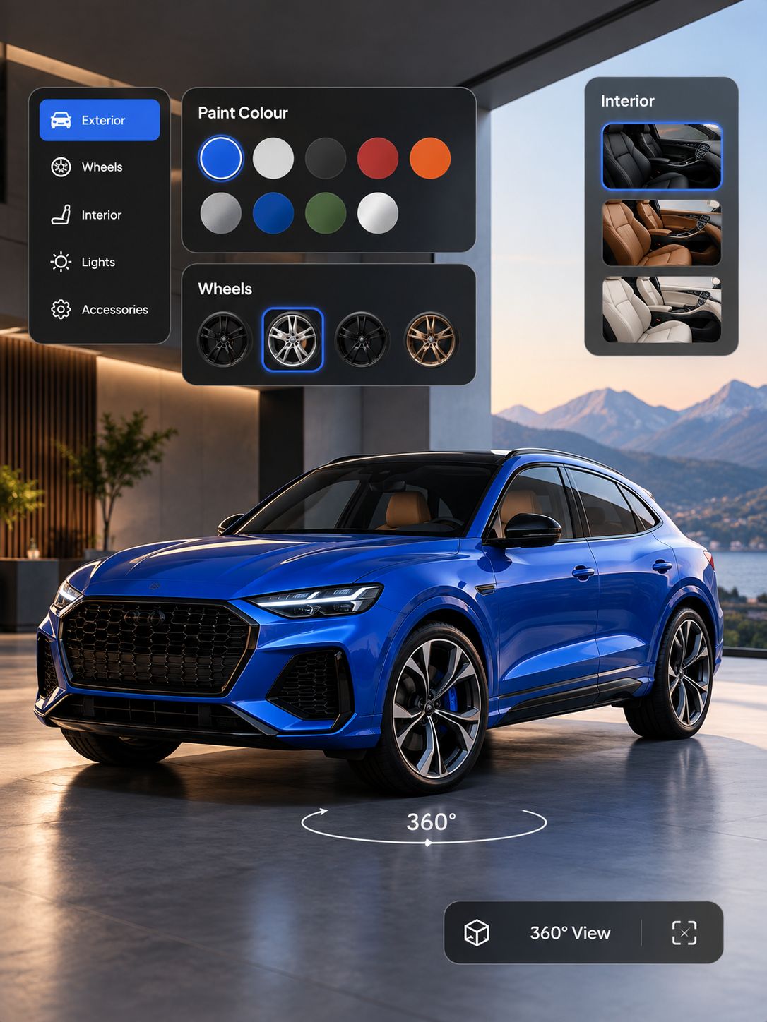 A 3D car configurator showing a blue SUV with paint, wheel and interior options and a 360-degree view