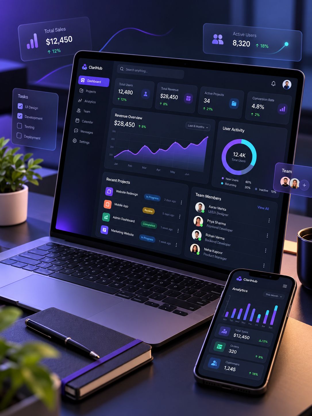 An analytics dashboard web app on a laptop and phone, with charts, projects and team members